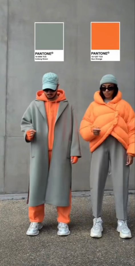 Orange Grey Outfit, Fun Color Combos Outfits, Color Mixing Outfits, Funky Colourful Outfits, Street Wear Color Palette, Grey Outfit Color Combos, Orange And Gray Outfit, Group Color Coordinated Outfits, Grey Color Combinations Outfits