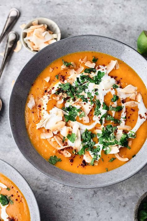 Curried Sweet Potato Coconut Soup #soup #vegan #recipe #sweetpotato #fall #autumn #coconut #curry #spice Sweet Potato Coconut Curry, Soup Potato, Veggie Options, Curry Spice, Cooking Vegan, Soup Ideas, Coconut Curry Soup, Winter Soup Recipe, Sweet Soup