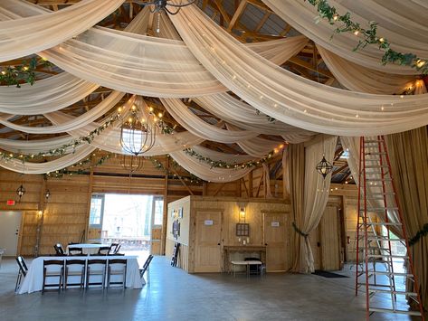 Rustic Wedding Ceiling Decor Draping, Tent Drapes Wedding, Drapery Ceiling Wedding, Reception Draping Ideas, Gala Ceiling Decor, Wedding Venue Drapes, Wedding Ceiling Drapery, Venue Ceiling Decoration, Vaulted Ceiling Wedding Decor