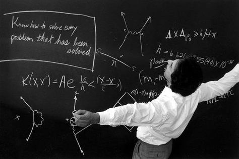 Richard Feynman, physicist. . . "American theoretical physicist known for his work in the path integral formulation of quantum mechanics, the theory of quantum electrodynamics, and the physics of the superfluidity of supercooled liquid helium, as well as in particle physics (he proposed the parton model)."  Know how to solve every problem that has been solved. Particle Physics Aesthetic, Physicist Aesthetic, Quantum Physics Aesthetic, Physics Wallpaper, Physics Aesthetic, Quantum Electrodynamics, Mathematics Art, Particle Physics, Science Physics