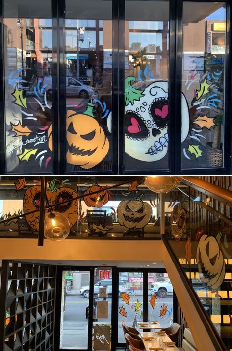 Halloween Windows and interior Glass painting by Priscilla Perez at Mojo Restaurant Halloween Windows Painted, Brie Halloween, Halloween Window Painting Ideas, Halloween Window Painting, Halloween Window Art, Priscilla Perez, Painting Classroom, Door Paintings, Fall Window Painting