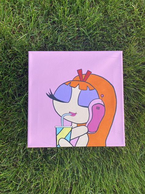 Blossom Powerpuff Painting, 90s Cartoon Canvas Painting, Powerpuff Blossom, Canvas Painting Aesthetic, Cartoon Canvas Painting, Sisters Painting, Blossom Powerpuff, Canvas Cartoon, Cartoon Canvas