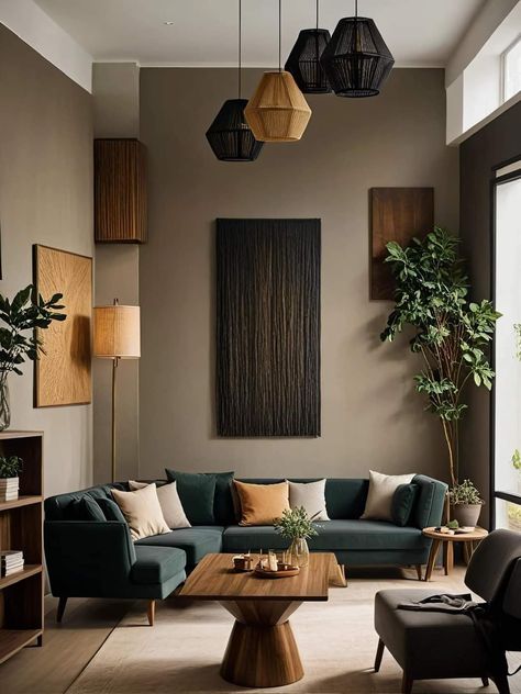 5x3 Living Room Ideas, White Couch Dark Walls, Woodsy Interior Design, Moody Mid Century Modern Living Room, Dark Wood Interior, Dark Wood Living Room, Brown Furniture Living Room, Minimalist Living Room Ideas, Living Room Minimalist