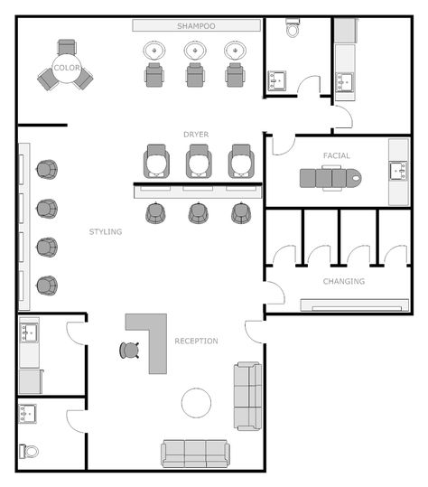 Example Image: Salon Floor Plan Salon Floor Plan, Room Layout Planner, Hair Salon Design, Barbershop Design, Plans Architecture, Salon Suites, Beauty Salon Design, Beauty Salon Interior, Bedroom Floor Plans