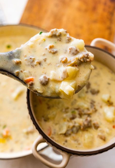 Sausage Cheddar Soup, Soup Using Sausage, Sausage Cheese Soup, Slow Cooker Sausage And Potato Soup, Italian Sausage Potato Recipes, Slow Cooker Sausage Potato Soup, Potato And Sausage Soup Crockpot, Potato Soup With Meat, Kabasa Sausage Potato Soup