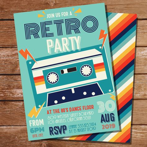 Retro Dance Party Invitation | 80s Dance Party Invitation | Adult Birthday Party Invitations Decades Party, Retro Birthday Parties, Retro Dance, Retro Invitation, Dance Party Invitations, Unique Party Ideas, Retro Birthday, Vintage Invitations, Adult Birthday Party