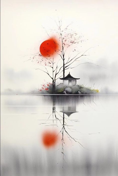 Japanese Watercolor Landscape, Japanese Painting Wallpaper, Japanese Watercolor Paintings, Japanese Watercolor Art, Chinese Watercolor Painting, Minimalist Watercolor Painting, Japan Watercolor, Japanese Ink Painting, Girl Mirror