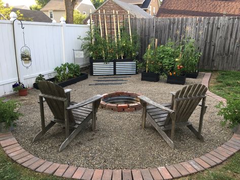 Fire Pit With Garden Beds, Brick Lined Pea Gravel Patio, Raised Garden Beds With Fire Pit, Brick Fire Pit Area, Garden With Fire Pit, Modern Antebellum, Outdoor Hardscape, Pea Gravel Garden, Backyard Hardscape