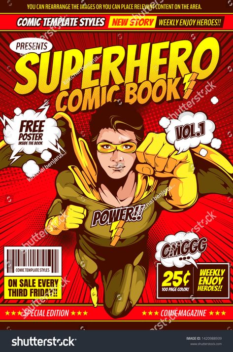 Superhero comic cover template background, flyer brochure speech bubbles, doodle art, Vector illustration, you can place relevant content on the area. #Ad , #Sponsored, #flyer#background#speech#brochure Superhero Poster Design, Superhero Comic Cover, Bubbles Doodle, Comic Style Poster, Lanyard Ideas, Comic Template, Superhero Books, Magazine Cover Page, Comic Design