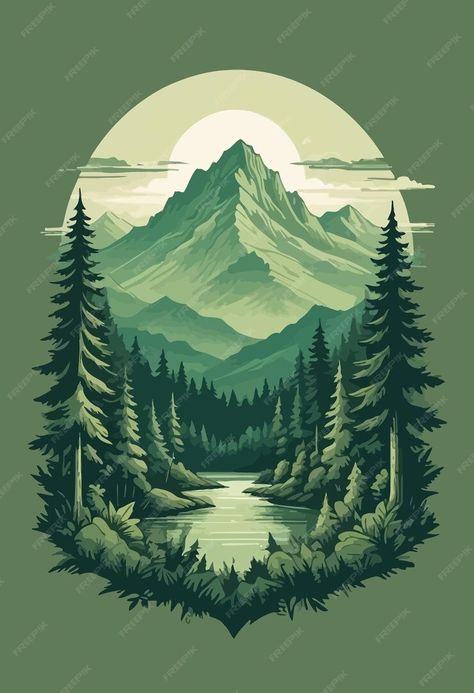 Premium Vector | A poster for a mountain lake with mountains and trees Graphic Mountain Art, Lake With Mountains, Mountains Graphic, Mountains And Trees, Dreamy Artwork, Tshirt Illustration, Diy Watercolor Painting, Diy Watercolor, Cool Wallpapers Art