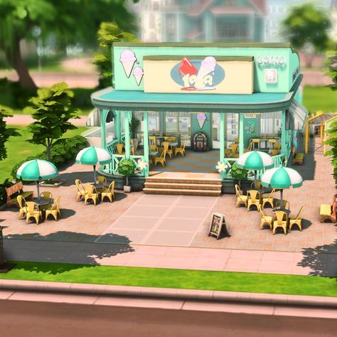 aesthetic pixelz : aesthetic sims 4 restaurants for every world 🍷 Ice Cream Shop Floor Plan, Sims 4 Shop Build, The Sims 4 Restaurant Ideas, Lots Aesthetic, Sims 4 Ice Cream Shop, Sims 4 Community Lots Ideas, Sims 4 Community Lots, Twilight Town, Sims Lots