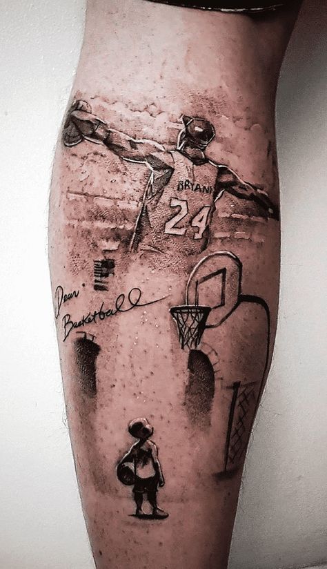 Basketball Tattoo Design Images (Basketball Ink Design Ideas) Basketball Arm Tattoos, Basketball Goal Tattoo, Basketball Leg Sleeve Tattoo, Golden State Warriors Tattoo Ideas, Nba Tattoos Basketball Players, Tattoo Ideas For Basketball Players, Sports Sleeve Tattoo, Basketball Themed Tattoos, Laker Tattoos