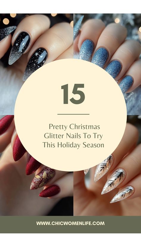 15 Pretty Christmas Glitter Nails To Try This Holiday Season Sparkle Nail Design Ideas, Holiday Nails With Gems, Festive Nails Christmas Sparkle, Christmas Nails With Glitter, Sparkly Holiday Nails, Sparkle Christmas Nails, Holiday Glitter Nails, Sparkly Winter Nails, Glittery Christmas Nails