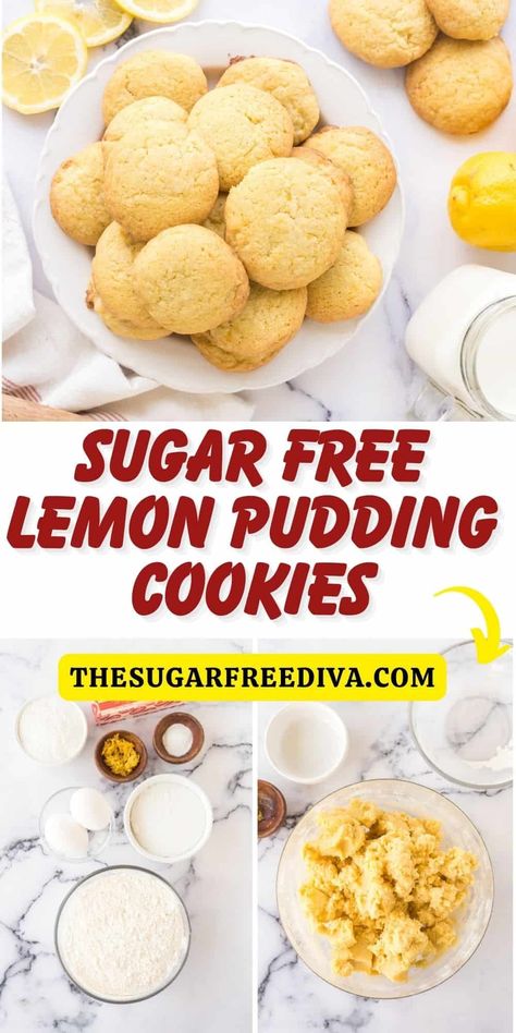 Sugar Free Lemon Pudding Cookies, a delicious soft and chewy lemony dessert or snack recipe made with no added sugar. Lemon Pudding Cookies, Sugar Free Cookie Recipes, Sugar Free Desserts Easy, Lemon Cookies Easy, Sugar Free Snacks, Lemon Cookies Recipes, Sugar Free Baking, Sugar Free Recipes Desserts, Sugar Free Pudding