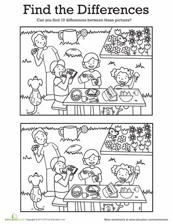 Worksheets: Find the Differences: At a Picnic Spot The Difference Printable, Find 10 Differences, Find The Difference Pictures, Hidden Pictures, Picture Puzzles, Fun Worksheets, A Picnic, Activity Sheets, Worksheets For Kids