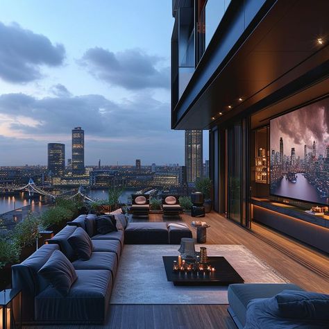 Nyc Penthouse Terrace, Luxury Penthouse Balcony, Pent House Terrace, House Ideas Luxury, Penthouse Exterior, Penthouse Balcony, Pink Mansion, Penthouse Garden, Cinema Room Design