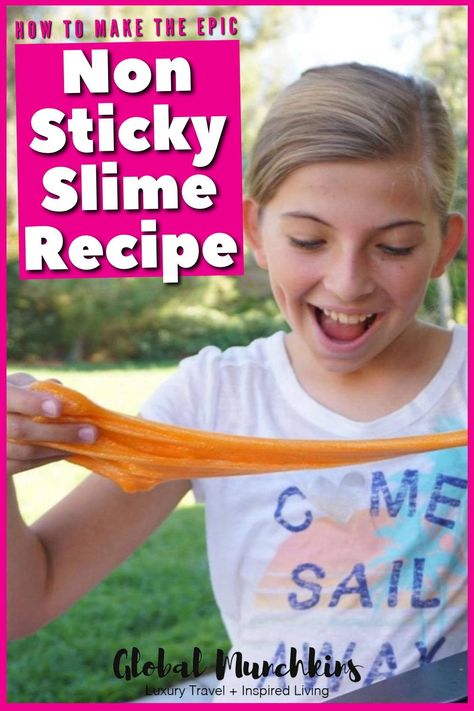 You are going to love our Non Sticky Slime Recipe. Not only is it incredibly easy to make, and that is coming from mom who is an epic Pinterest craft failure, but it also only uses 4 ingredients and it’s NOT sticky! Slime Recipe Non Sticky, Non Messy Slime Recipe, Recipe For Slime With Glue, No Mess Slime Recipe, Not Sticky Slime Recipe, How To Make Non Sticky Slime, Home Made Slime For Kids Easy, Non Sticky Slime Recipe Easy, Non Sticky Slime Recipe