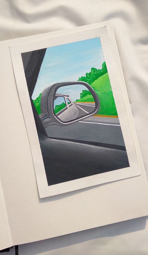 Car mirror,  car window view, car window painting, car window view painting, car mirror view  car mirror view painting, journey, aesthetic, aesthetic sunset, roadway, aesthetic painting, aesthetic art, car painting, painting ideas Aesthetic Colored Pencil Drawings, Aesthetic Painting Ideas, Whimsical Art Journal, Easy Mandala Drawing, Sky Art Painting, Butterfly Art Painting, Color Drawing Art, Painting Aesthetic, Beautiful Art Paintings