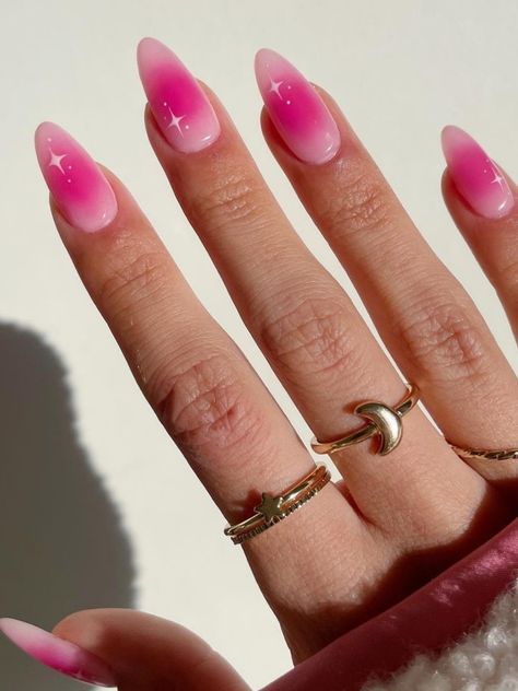 hot pink blush nails Pink Summer Nails With Glitter, Fun Pink Acrylic Nails, Pink Acrylic Nails For Prom, Hot Pink Ombre Nails Almond, Pink Wedding Guest Nails, Hot Pink Aesthetic Nails, Nail Designs Birthday Ideas, Cute Pink Nails Almond, Pink Nails For Prom