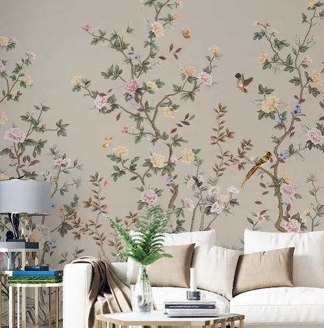 Avignon Chinoiserie Wall Mural, Peel and Stick Wallpaper Removable, Classic Bird Floral Wallpaper, Home Decor #avignon #chinoiserie #wallmural #classic #bird #floral #floralwallpaper #blackwallpaper #blacktropical #blacktropicalwallpaper#leaf #leaftropical #peelandstickwallpaper #homedecor #blackandwhite #removablewallpaper #tropicalwallpaper #floral #patternwallpaper #floralwallpaper #exquisite #darkfloral #peelandstickwallpaper #vintageflowers #mixedflowers #homedecor #homedesign #homedeco... Botanical Peel And Stick Wallpaper, Wallpaper With Birds, Chinoiserie Flowers, Wallpaper Japanese, Japanese Wallpaper, Birds Wallpaper, Personalized Wallpaper, Wallpaper Floral, Chinoiserie Wall