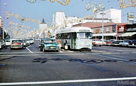 Pacific Boulevard near Saturn Ave in Huntington Park February 1963 Huntington Park California, Usa Street, Los Angeles Street, Huntington Park, South Gate, East Los Angeles, Ca History, Mid Century Christmas, Vintage Los Angeles