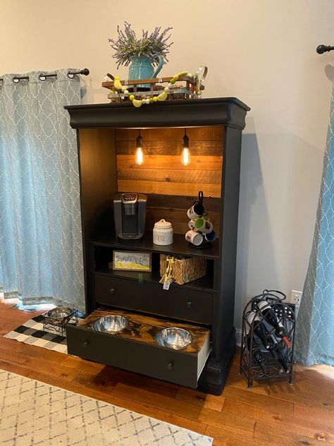 Repurposed armoire - now a useful and elegant coffee station with bonus dog feeding bowls. Great farmhouse addition! Coffee Bar And Dog Station, Coffee Bar With Dog Bowls, Coffee Bar Dog Feeding Station, Pet Bowls In Kitchen, Kitchen Dog Station, Elegant Coffee Station, Dog Bowl Drawer, Dog Feeding Station Diy, Repurposed Armoire