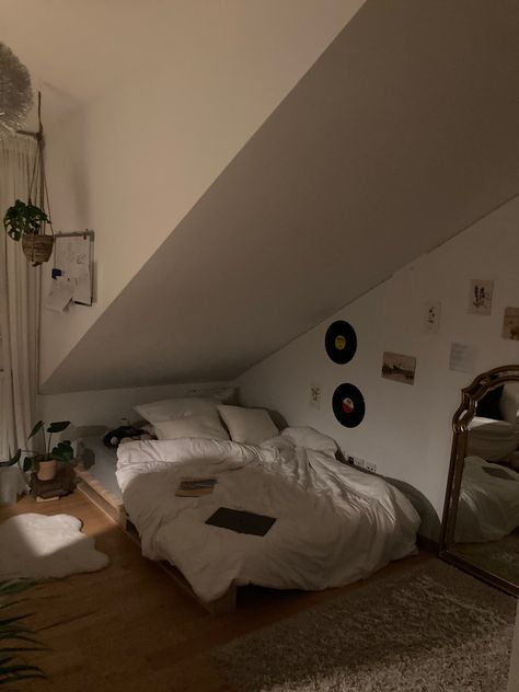 Attic Bedroom Ideas Angled Ceilings Cozy, Sloping Ceiling Bedroom, Bed Under Sloped Ceiling, Low Ceiling Attic Bedroom, Vibey Rooms, Inside A House, Redecorate Bedroom, Aesthetic Rooms, Dreamy Room