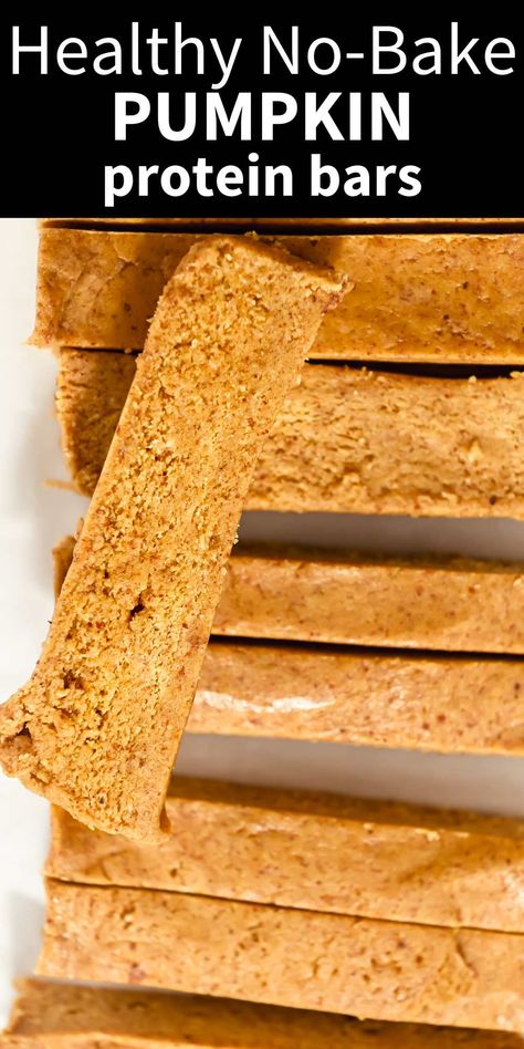 These healthy no-bake pumpkin protein bars are a healthy snack that tastes just like a pumpkin perfect bar!  These homemade protein bars are the perfect after school or post workout snack! Only 6 simple ingredients and 10 grams of protein per serving. Gluten-free, dairy-free, and vegan. Pumpkin Protein Bars Healthy, Protein Bars Without Peanut Butter, Low Sugar Protein Bar, Healthy Pumpkin Granola Bars, Chickpea Protein Bar, Healthy Protein Treats, Healthy Snacks After School, Homemade Protein Bar, Gluten Free High Protein Snacks