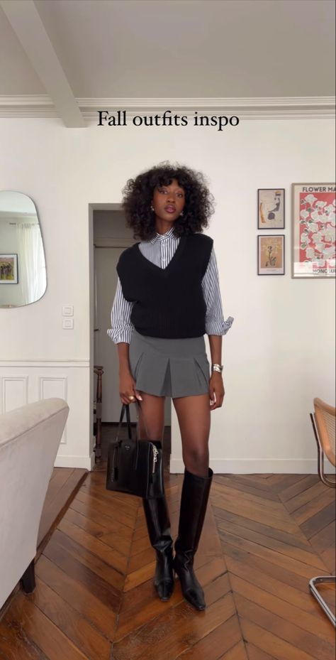 Black Ivy Style Women, Leather Button Up Outfit, Black Women Preppy Style, Short Wool Coat Outfit, Elevated Work Outfit, Preppy Office Outfit, London Autumn Outfit, Oversized Sweater Vest Outfit, Emmanuelle Koffi