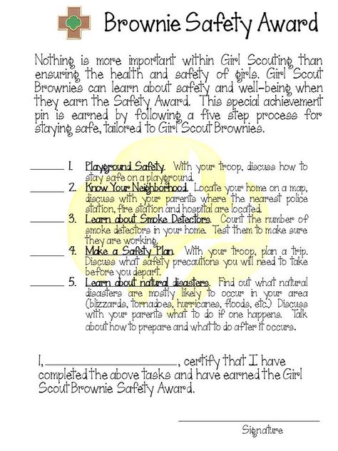 Girl Scout Brownie Safety Award Pin guidelines and worksheet. Brownie Safety Pin Requirements, Brownie Safety Award, Brownie Girl Scouts Activities, Daisy Safety Award, Girlscout Brownies, Brownie Journey, Girl Scout Badges Requirements, Brownie Board, Girl Scout Daisy Petals