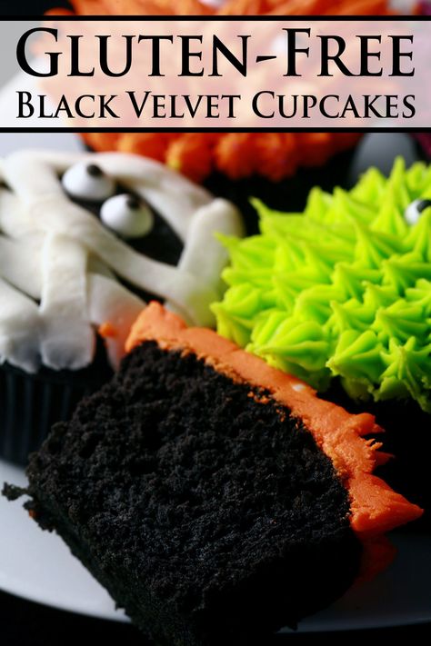 Halloween Cupcake Recipe, Black Velvet Cupcakes, Black Velvet Cakes, Gf Cake, Halloween Food Cupcakes, Gluten Free Halloween, Cupcakes Halloween, Gluten Recipes, Black Food Coloring