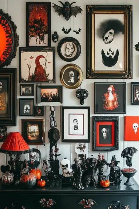 Transform your space into a frightful feast with our DIY guide on how to make a Halloween-themed gallery wall! Elevate your Halloween décor with creative and spooktacular ideas that showcase creepy art, eerie photographs, and festive prints. Perfect for setting the mood at your Halloween party or simply embracing the spooky season at home. Discover unique hanging tips, color palettes, and design concepts that will have your friends in awe! Let’s get crafty and make a cobweb of memories this Halloween! Fairy Lights On Wall, Halloween Gallery Wall, Fun Halloween Desserts, Witch Diy, Halloween Artwork, Gallery Walls, Creepy Art, Easy Diy Art, Wall Gallery