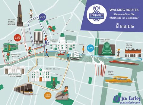 This is an illustrated map of Dublin city centre which was commissioned by Irish Life. The map features some of the familiar landmarks of Dublin and shows four different walking routes of varying lengths. Irish Life used this as part of their campaign to encourage their staff to get out and walk as part of […] The post Walking Map Of Dublin, Ireland appeared first on Jennifer Farley Illustration, Maps. Design. Dublin Ireland Photography, City Maps Illustration, Dublin Map, Maps Design, Dublin Hotels, Dublin Street, Walking Map, Dublin Ireland Travel, Books Illustration