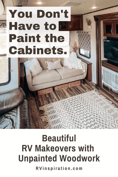 In this article from RVinspiration.com you'll see RV decor and makeover ideas for updating an ugly or outdated RV interior without having to paint the cabinets or walls. You'll also see examples of renovated RV's with some cabinets left unpainted to highlight the beauty of the original wood. | RVinspiration.com #rvmakeover #rvdecorideas #rvmakeoverideas #rvrenovationideas Rustic Rv Decorating Ideas, Paint Rv, Rv Interior Design, Motorhome Remodel, Recycle Projects, Rv Redo, Motorhome Interior, Rv Interior Remodel, Camper Interior Design