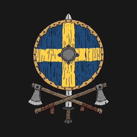 Swedish Viking shield with axes. - Swedish Viking - T-Shirt | TeePublic Viking Ship Illustration, Viking Flag, Scandinavian Crafts, Viking Ship Tattoo, Swedish Vikings, Flag Drawing, Swedish Flag, Swedish Women, Vikings Gifts