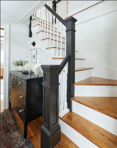 30 Best White and Wood Staircase Ideas For A Farmhouse Vibe Black Stair Railing White Spindles, Staircase Black And Wood, Painted White Staircase, Black White Wood Staircase, White Oak And Black Staircase, White And Black Staircase, Black And White Staircase, White Banister, Black Stair Railing