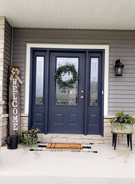 Navy Blue Shutters Tan House, Sw Cyberspace, Front Door Paint, Harvey House, Exterior Door Colors, Tan House, Blue Front Door, Front Door Makeover, Door Paint