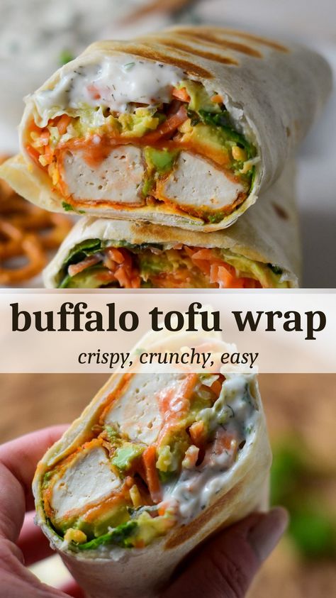 This wrap makes for a great lunch or dinner option and features spicy crispy buffalo tofu wrapped in a soft tortilla with fresh vegetables and creamy ranch. Tofu Wrap, Tofu Wraps, Buffalo Tofu, Tasty Vegetarian Recipes, Vegetarian Dinners, Vegan Keto, Think Food, Tofu Recipes, Meatless Meals