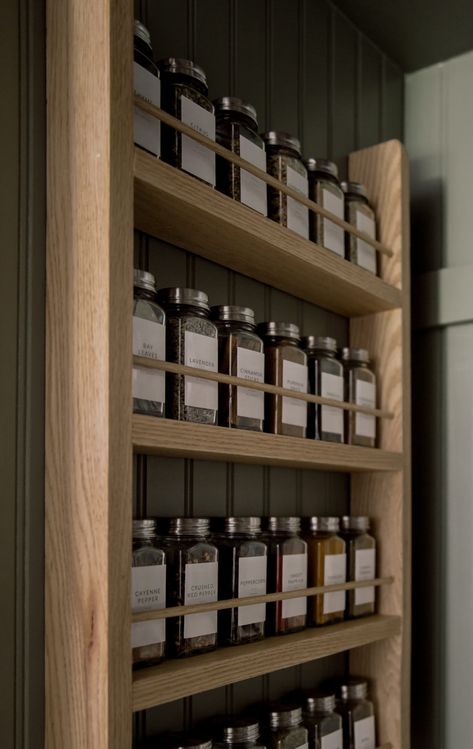 Spice Shelf Kitchen, Pantry Shelf Design, Pantry Spice Organization, Larder Shelving, Moody Pantry, Kitchen Panelling, Pantry Curtain, Installing Beadboard Panels, Maine Kitchen