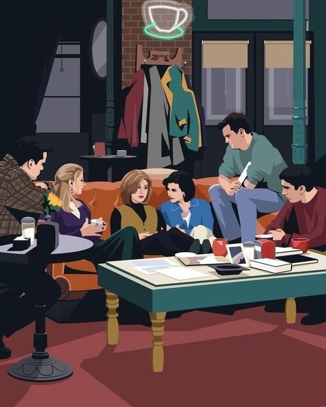 Friends Illustration Tv Show, Friends Poster Art, Friends Illustration Art, Illustration Friends, Friends Painting, Monica Rachel, Chandler Friends, Movie Illustration, Joey Chandler