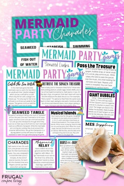 Mermaid parties are a fun theme idea for a girls’ party. Enjoy 11 girls mermaid party games & activities that will wow the kids and make a memorable day for the birthday girl and her little mermaids. Have fun with relay races, classic party games, and mermaid inspired fun for kids. Little mermaid bday party ideas for kids that keep them entertained and having a good time. #FrugalCouponLiving #littlemermiad #partygames Party Games With Balloons, Games With Balloons, Mermaid Party Games, Mermaid Themed Birthday Party, Girls Mermaid Party, Toddler Party Games, The Sea Witch, Party Games For Kids, Birthday Party Games For Kids