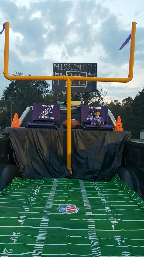 Football theme Trunk Or Treat Made with 2 inch PVC pipe spray painted Yellow. Football field is table cloth from party store. Football Field Trunk Or Treat, Trunk Or Treat Ideas Football Theme, Football Trunk Or Treat Ideas For Trucks, Pick Up Truck Trunk Or Treat, Trunk Or Treat Ideas For Cars Football, Sports Themed Trunk Or Treat Ideas, Sports Theme Trunk Or Treat, Trunk Or Treat Sports Theme, Basketball Trunk Or Treat Ideas