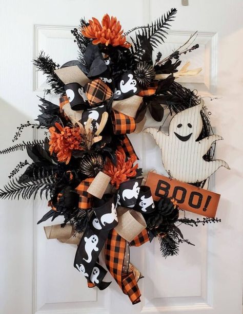 30+ Spooky Halloween Wreaths For Your Front Door; ghost wreath! This includes Halloween wreath, Halloween wreath ideas, Halloween wreaths for front door, Halloween wreaths DIY, Halloween decorations & more! It also includes halloween decor, halloween decorations house, Halloween decorations outdoor, easy halloween decorations, simple halloween decorations, halloween decorations apartment, easy halloween wreaths & more! #halloweenwreath #halloweendecor #halloweendecorations #Halloweenwreathideas Floral Halloween Wreath, Easy Halloween Wreaths, Halloween Decorations Simple, Halloween Wreaths Diy, Wreaths For Front Door Halloween, Simple Halloween Decorations, House Halloween Decorations, Halloween Wreaths For Front Door, Halloween Wreath Ideas