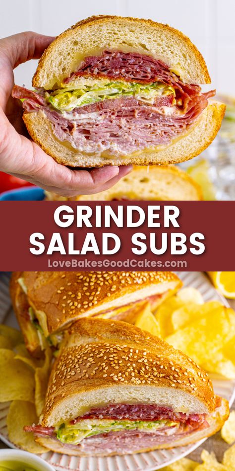 Grinder Salad Subs pin collage Hand Sandwiches, Deli Meat Recipes, Cold Cut Sandwich, Grinder Salad, Hoagie Sandwiches, Cold Sandwich Recipes, Italian Hoagie, Best Macaroni Salad, Cold Sandwiches