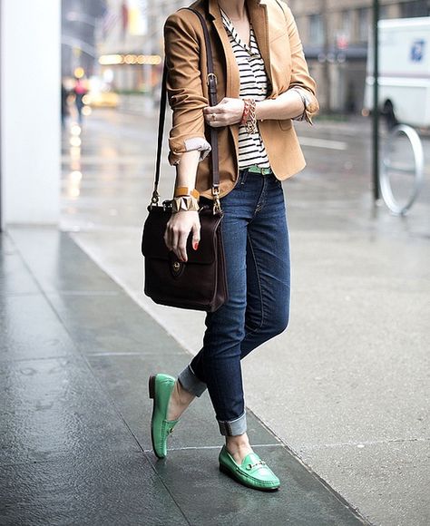 mint, stripes, camel Green Flats Outfit, Loafer Outfits Women, Green Shoes Outfit, Penny Loafers Outfit, Loafers Outfits, Loafer Outfits, Loafers Gucci, Magazine Editor, Loafers Outfit