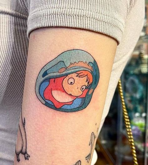 Studio Thinking Tattoo, Ponyo Jellyfish Tattoo, Cute Anime Tattoos, Ponyo Tattoo, Tatuaje Studio Ghibli, Studio Ghibli Tattoo, Ghibli Tattoo, Sigil Tattoo, Cartoon Character Tattoos