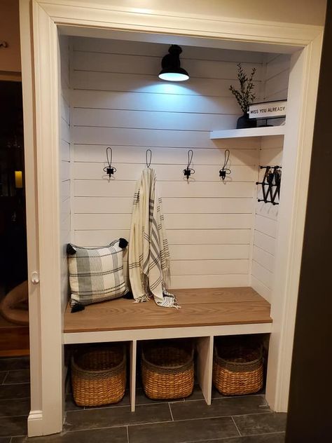 Back Entry Closet Ideas, Entry Way Nook Entrance, Mini Mud Room Entry, Diy Closet Bench Entryway, Closet Bench Entryway, Inside Porch Ideas Entrance, Diy Closet Bench, Closet Into Mudroom Entry Ways, Foyer Closet Makeover