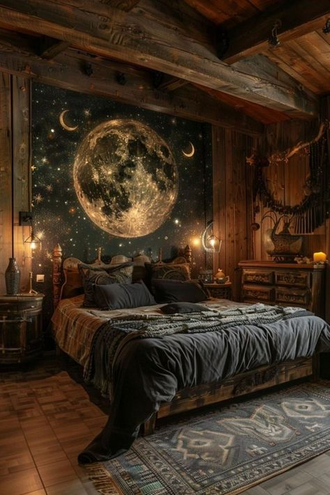 Wooden House Bedroom Ideas, Cozy Bedroom With Lights, Dark Green Witchy Bedroom, Celestial Themed Bedroom, Rustic Room Decor Ideas, Magical Interior Design, Moon Bedroom Ideas, Moon Themed Bedroom, Bedroom Ideas Earthy