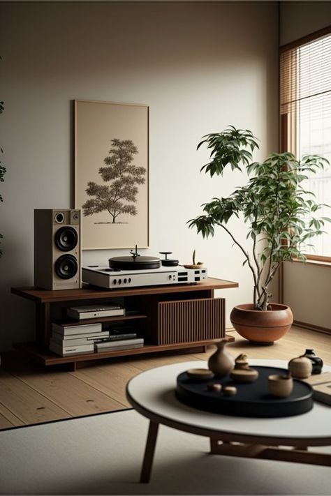 Nyc Apartment Plants, Japandi Mid Century Living Room, Mid Japandi Living Room, Industrial Japandi Interior Design, Mid Japandi, Japandi Industrial, Industrial Japandi, Japandi Black, Japandi Mid Century Modern