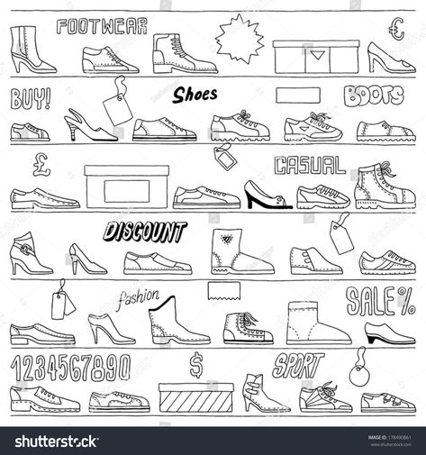 Shoes Doodle, Doodle Shoes, Door Signage, Shoes Illustration, Shoes Drawing, Hand Drawn Vector, Planner Bullet Journal, Vector Stock, Cute Doodles